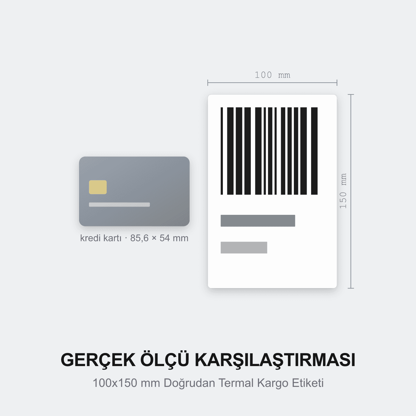100x150 mm Doğrudan Termal Kargo Etiketi kredi kartı ile gerçek ölçü karşılaştırması — Pinkontin Barkod Sistemleri