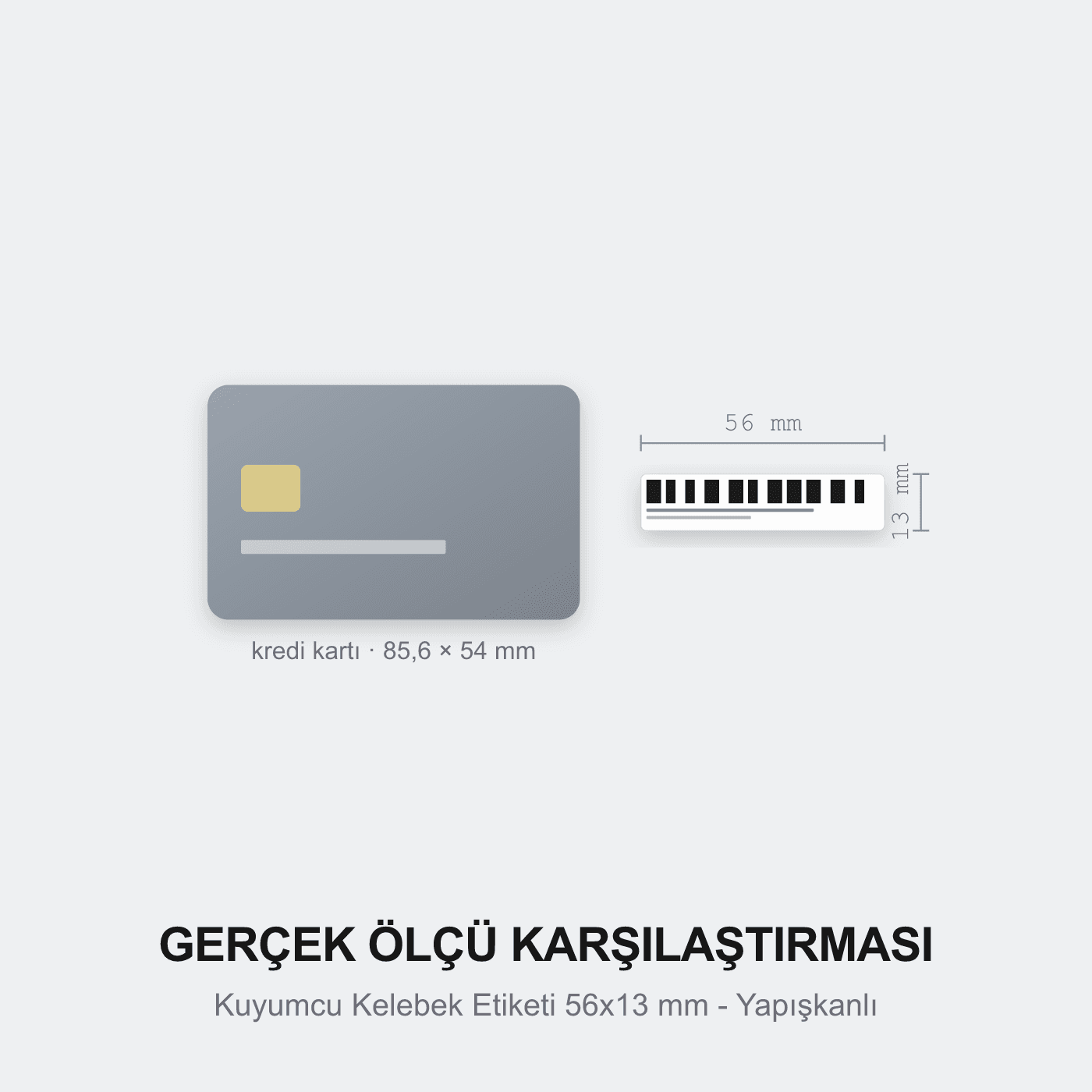 Kuyumcu Kelebek Etiketi 56x13 mm - Yapışkanlı kredi kartı ile gerçek ölçü karşılaştırması — Pinkontin Barkod Sistemleri