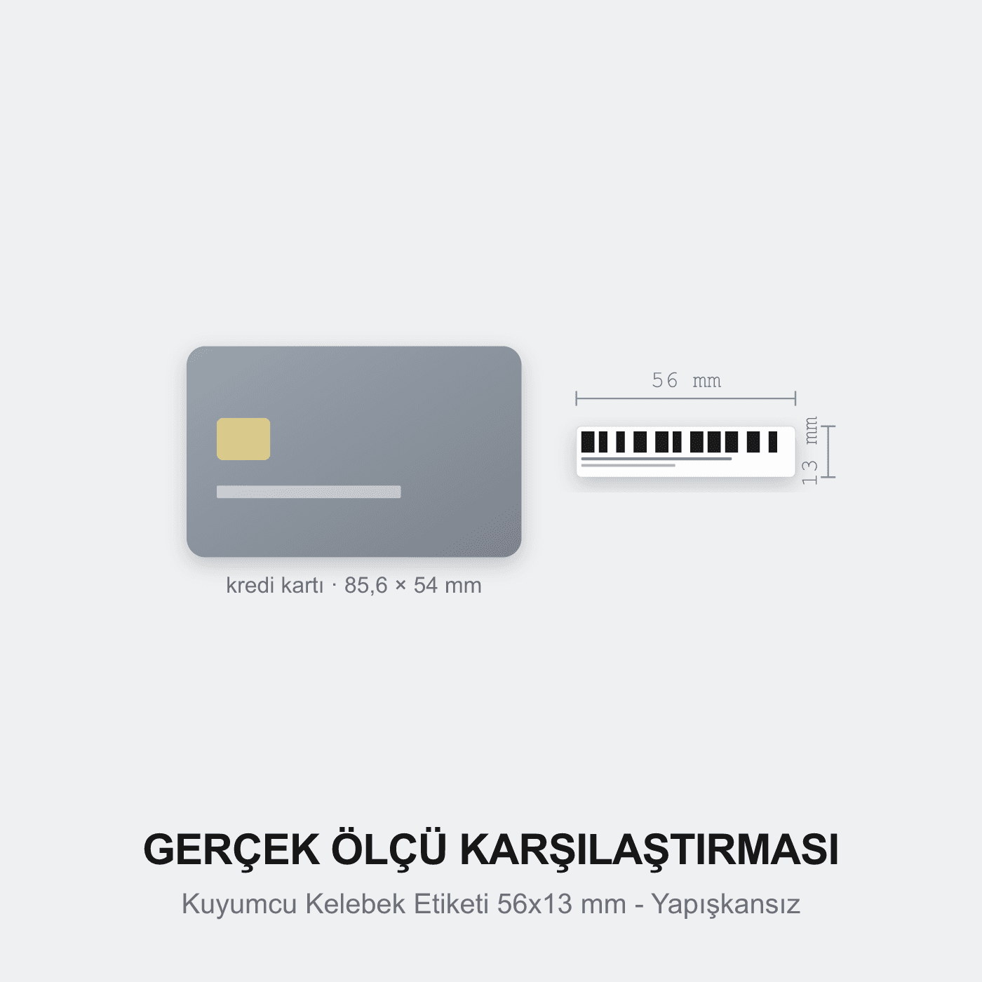 Kuyumcu Kelebek Etiketi 56x13 mm - Yapışkansız kredi kartı ile gerçek ölçü karşılaştırması — Pinkontin Barkod Sistemleri