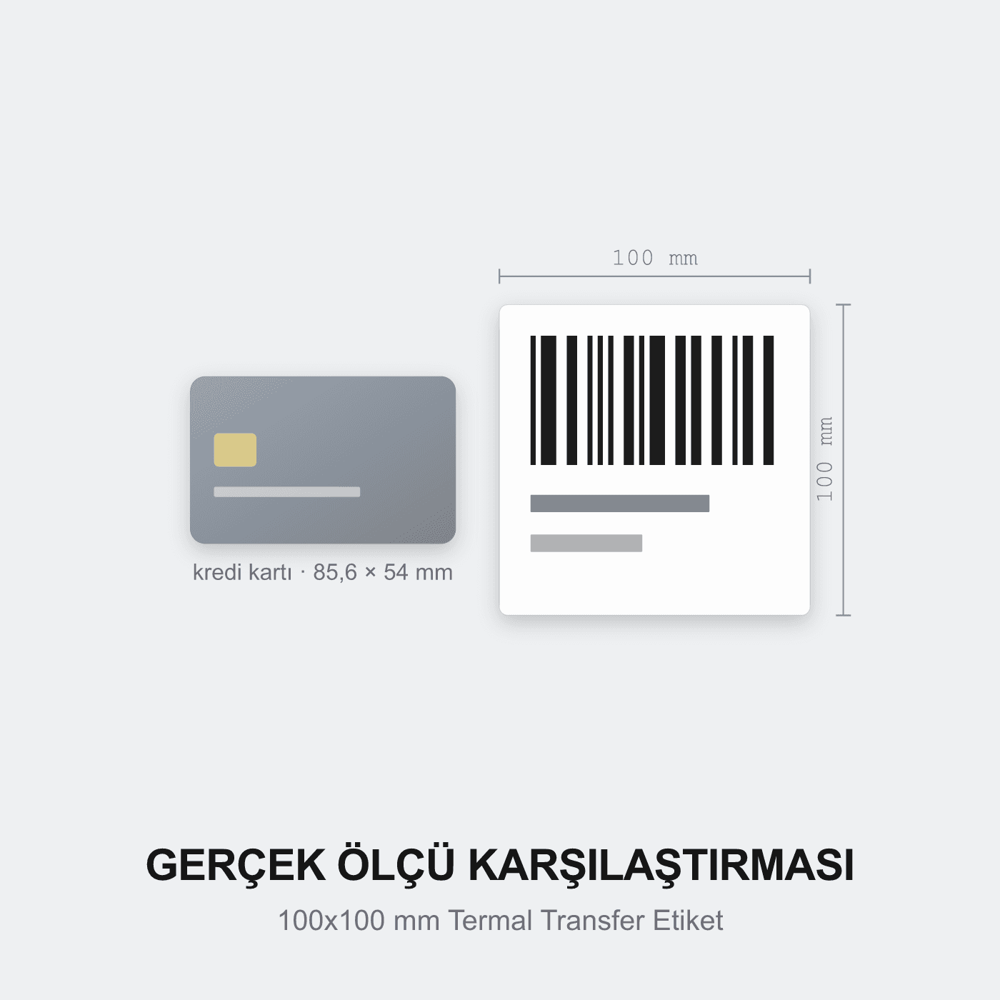 100x100 mm Termal Transfer Etiket kredi kartı ile gerçek ölçü karşılaştırması — Pinkontin Barkod Sistemleri
