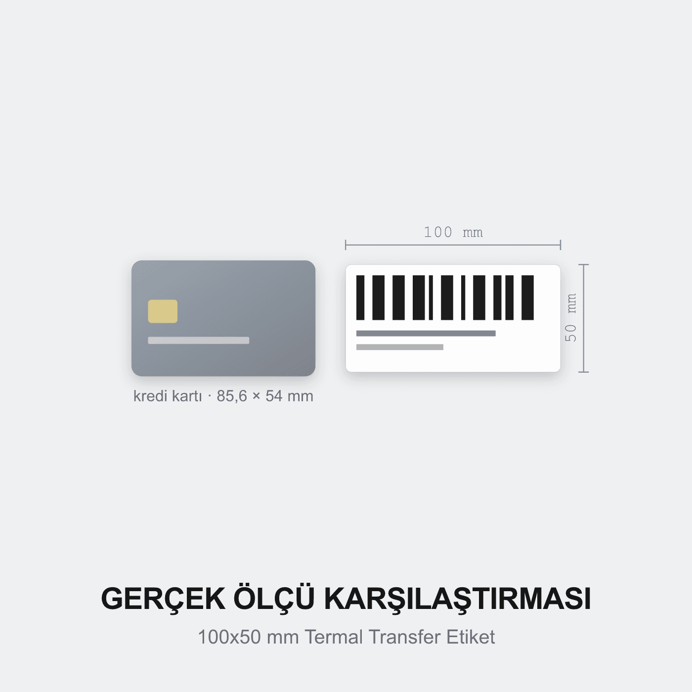 100x50 mm Termal Transfer Etiket kredi kartı ile gerçek ölçü karşılaştırması — Pinkontin Barkod Sistemleri